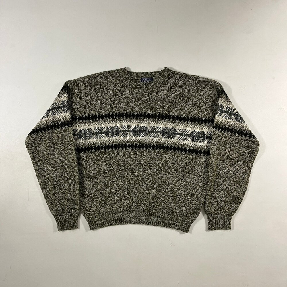 Vintage 90s Basic Editions Olive Green Fair Isle Chunky Knit Crewneck Sweater XL